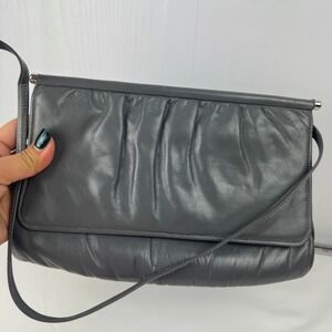 Vintage Mardane USA Gray Leather Ruched Foldover Clutch Shoulder Bag